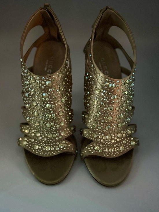 Gucci Shoes - Gucci Swarovski Crystal-Embellished Gold Open-Toe Heels
